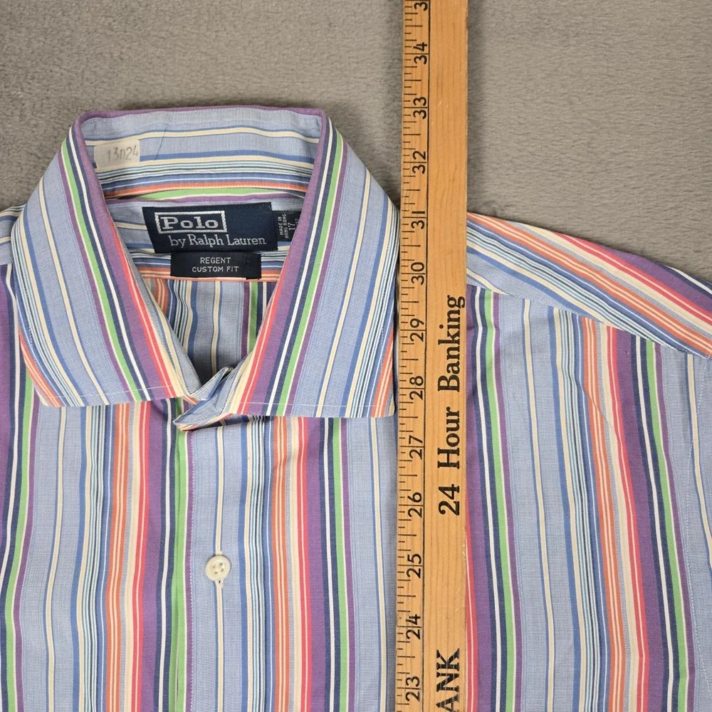 Polo Ralph Lauren Shirt Mens 17 36-37 Regent Custom Fit Blue Striped 100% Cotton